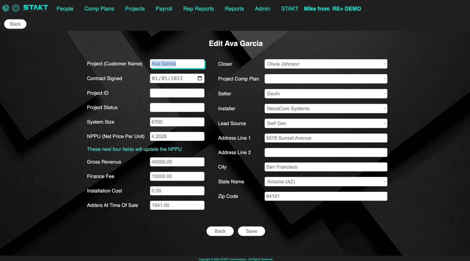 STAKT Projects Edit Ava Garcia page showing project details and financial fields.
