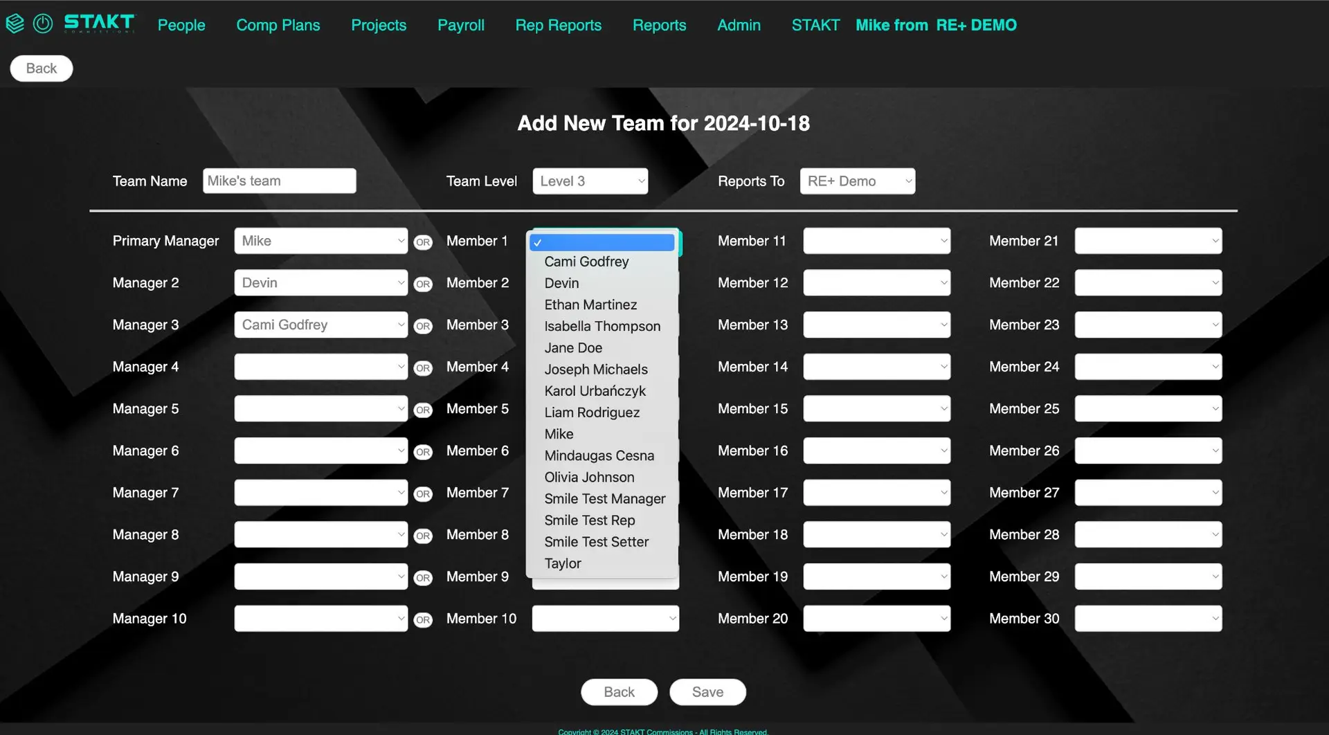STAKT Add New Team screen for Comp Plans feature
