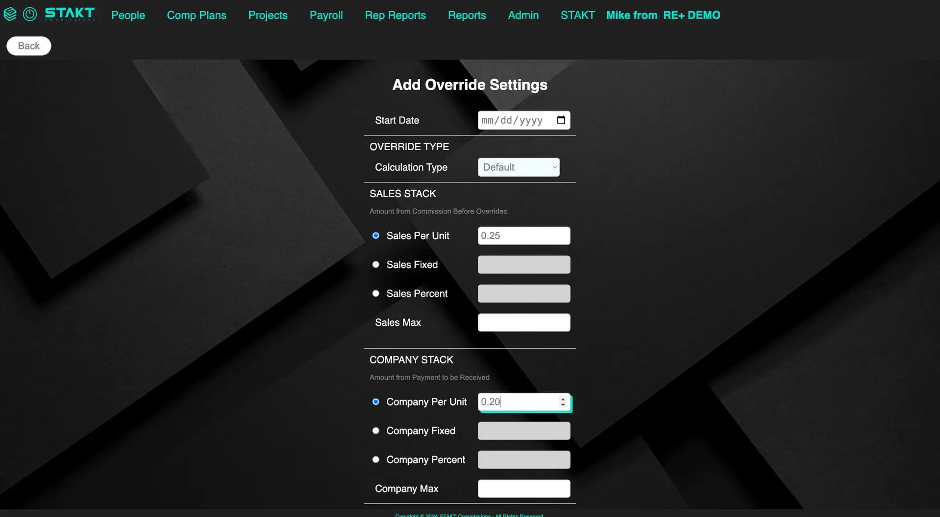 STAKT Add Override Settings page under Comp Plans feature