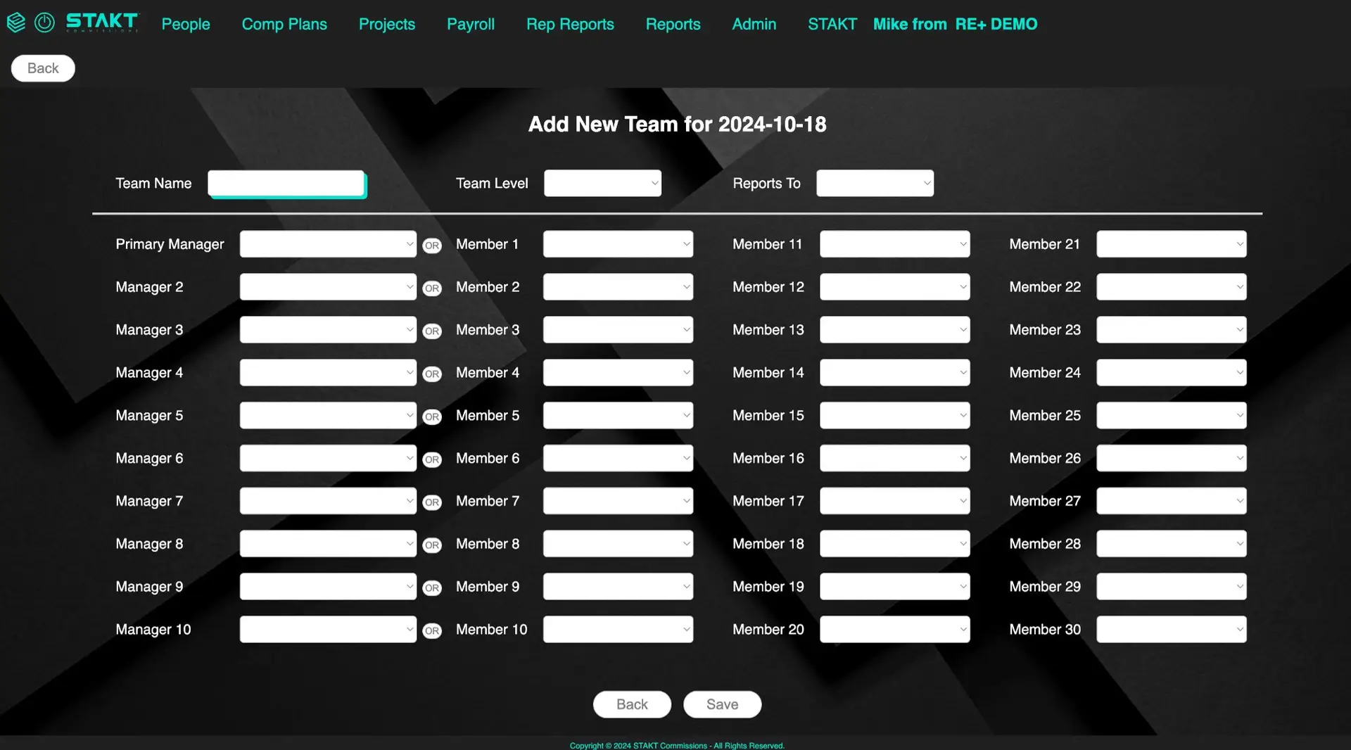 STAKT Add New Team screen for 2024-10-18, showing fields for team name, level, reports to, managers, and members.