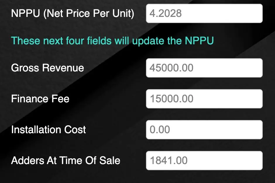STAKT Projects screen showing fields for NPPU calculation with values for Gross Revenue, Finance Fee, Installation Cost, and Adders.