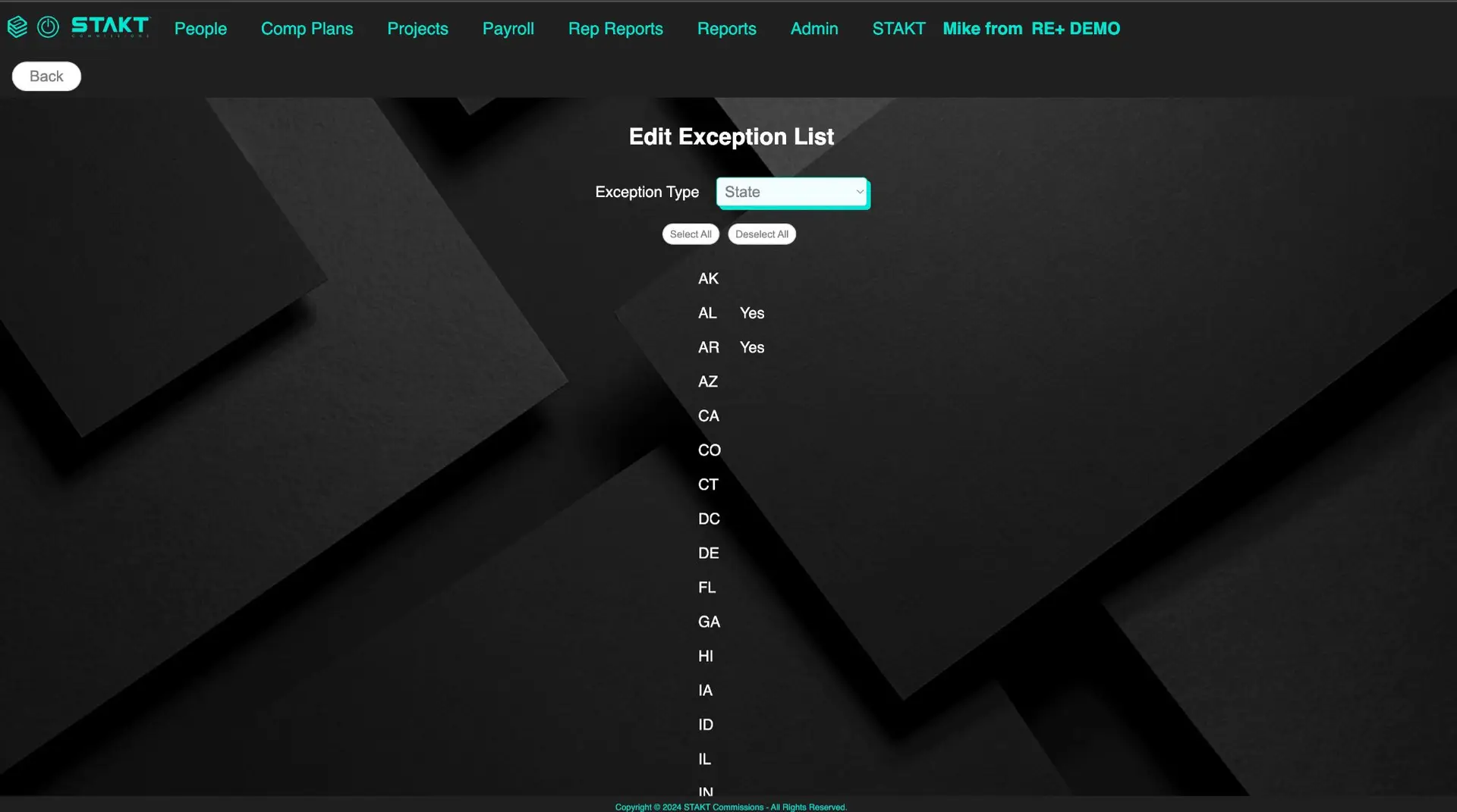 STAKT Edit Exception List screen for Comp Plans with state selection options.