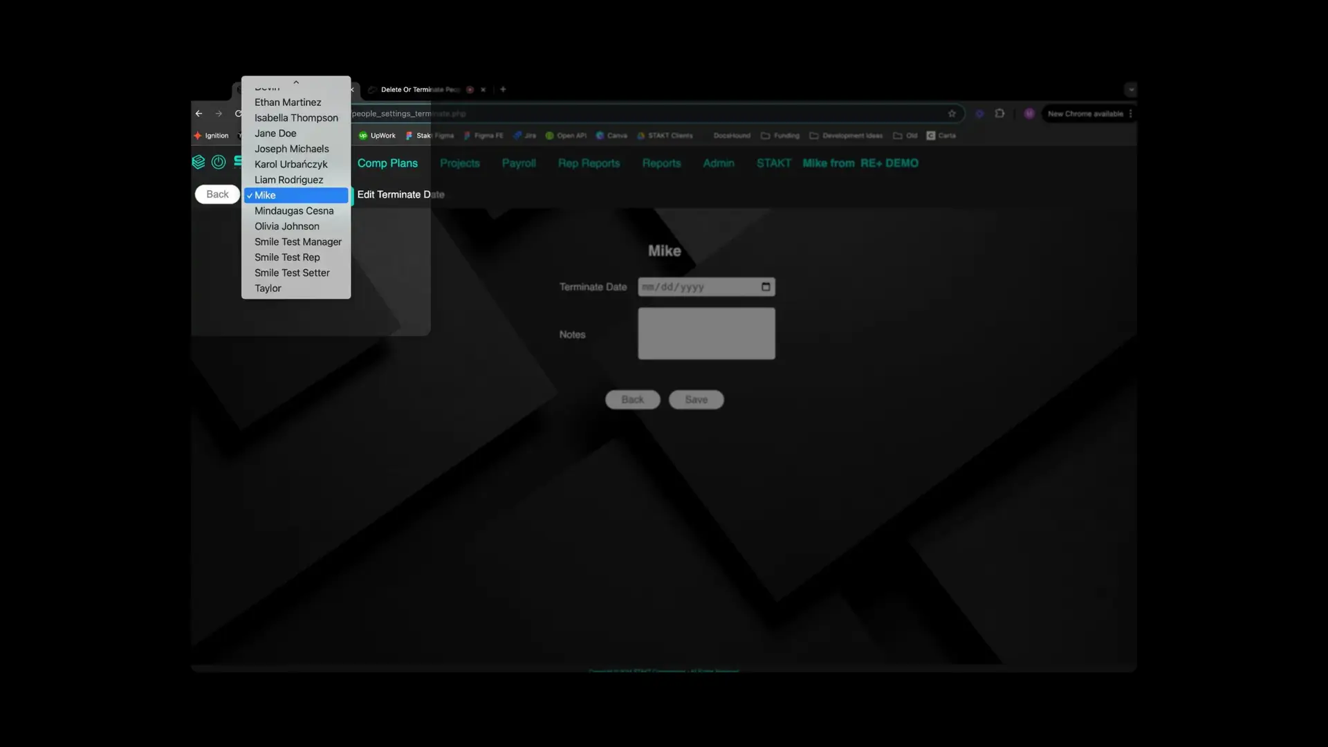 STAKT People feature, Edit Terminate Date screen for Mike