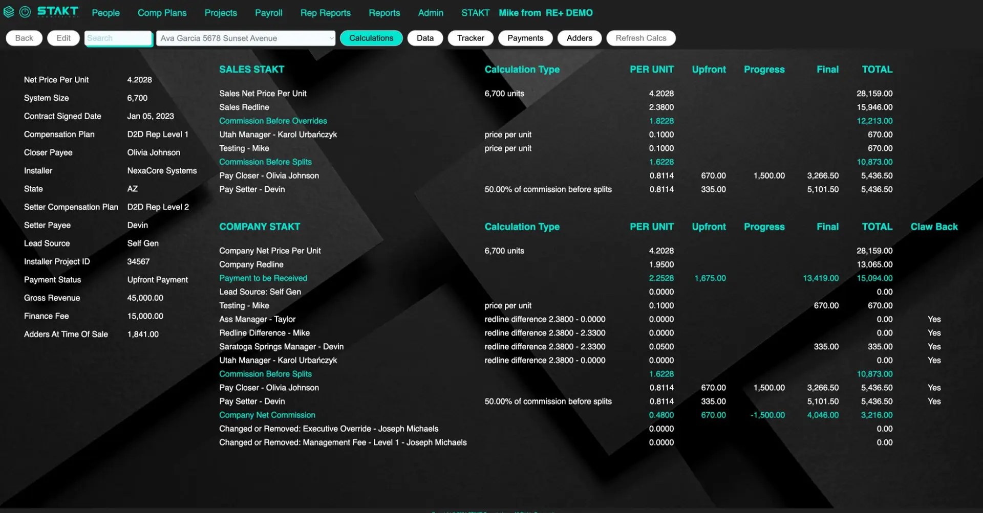 STAKT application Calculations page for managing sales commission projects.