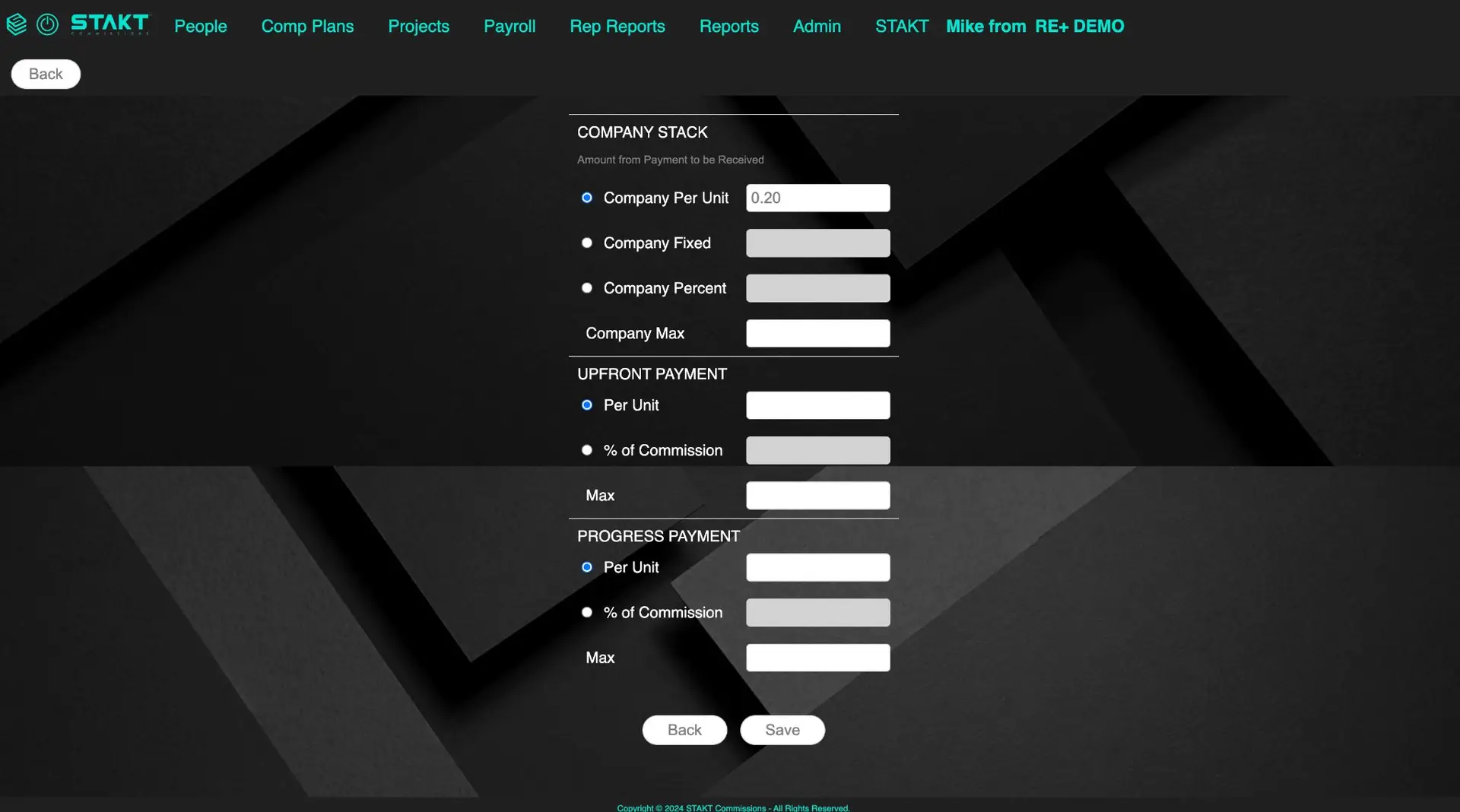 STAKT Comp Plans Create Overrides screen showing payment configuration options.