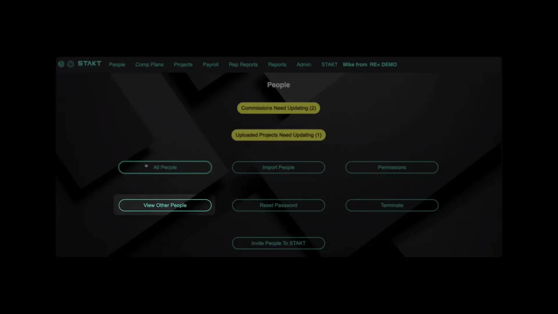 STAKT People section with options to manage individuals, including updating commissions and projects, and buttons for actions like importing people and resetting passwords.